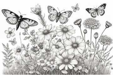 Fototapeta premium Hand drawn blooming flowers and butterflies on blank background. Black and white wildflowers and insects. Monochrome elegant floral composition in vintage style. Generative Ai