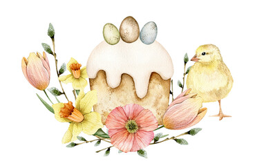 Watercolor illustration with easter cake, willow branches, tulips, flowers, chick. Isolated on white background. Hand drawn clipart. Perfect for card, postcard, tags, invitation, printing, wrapping.