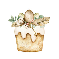 Watercolor illustration card with easter cake, eggs, cotton flowers, key, eucalyptus. Isolated on white background. Hand drawn clipart. Perfect for card, postcard, tags, invitation, printing, wrapping