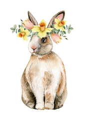 Watercolor illustration card bunny in flowers wreath. Isolated on white background. Hand drawn clipart. Perfect for card, postcard, tags, invitation, printing, wrapping.