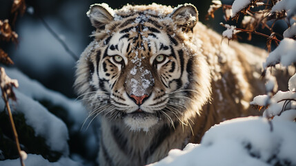 Fototapeta na wymiar jumping tiger on the snow