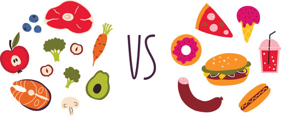 Choosing between healthy and unhealthy foods. Fast food, sweet and fatty foods or natural organic foods.