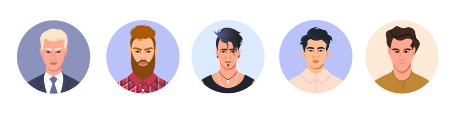 Avatars with the faces of young men in a round frame. Circles with portraits of male characters of different nationalities. A set of user profiles. Vector cartoon illustration in a flat style