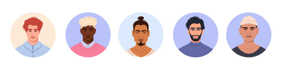 Male characters in a round frame. Circles with avatars, faces of young men. Portraits of different men of different nationalities. A set of user profiles. Vector cartoon illustration in a flat style
