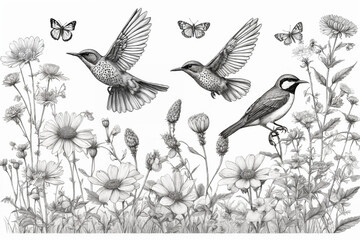 Hand drawn black and white blooming flowers, butterflies, birds on blank background. Monochrome floral composition in vintage style. Generative Ai - obrazy, fototapety, plakaty