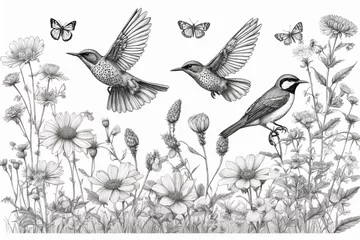 Foto op Aluminium Hand drawn black and white blooming flowers, butterflies, birds on blank background. Monochrome floral composition in vintage style. Generative Ai © SOLOTU