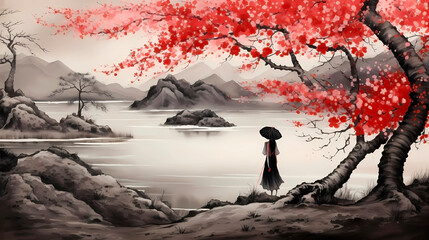 girl with an umbrella under a sakura tree on the shore of a lake overlooking a mountain in black and red Japanese style