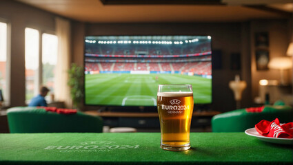 This is an image of a football match on television in a cozy living room setting with Euro 2024 branding, a beer glass, and soccer paraphernalia - obrazy, fototapety, plakaty