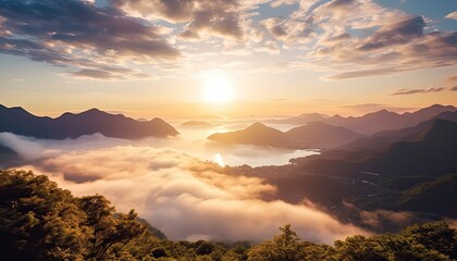 Fototapeta premium View of the sea of clouds from the top of the mountain peak. Tropical rainforest with vibrant morning reflection of the sunrise.
