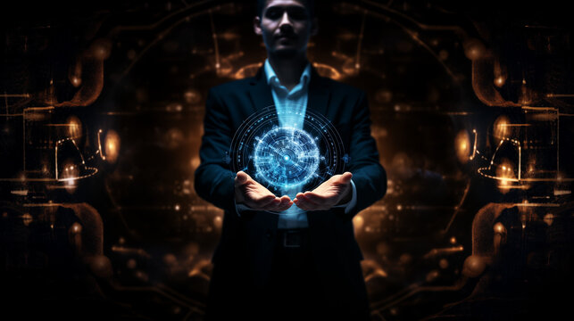 Business man holding a glowing gear wheel on a digital screen