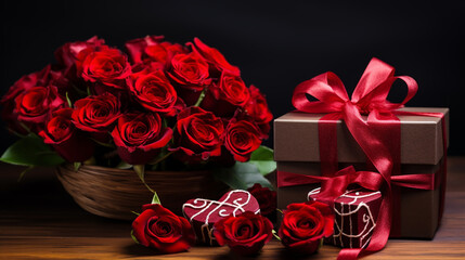 St. Valentine's Day present. Small hearts, candles, a gift box, and red roses bouquet on light background.