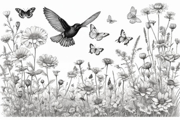 Hand drawn black and white blooming flowers, butterflies, birds on blank background. Monochrome floral composition in vintage style. Generative Ai