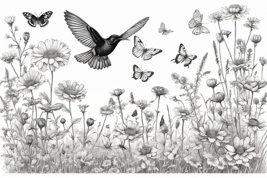 Hand drawn black and white blooming flowers, butterflies, birds on blank background. Monochrome floral composition in vintage style. Generative Ai - Powered by Adobe