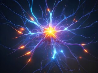 A vivid of 3D rendered illustrations of abstract Neuron cell system  with glowing link knots in abstract dark space, high resolution ,close-up view
