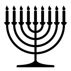 Hanukkah menorah, black and white vector silhouette illustration of hanukkiah nine-branched candelabrum with candles