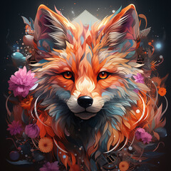 Fox with flowers Clipart on black background. Fox illustration Design, can be used for clothes, posters, pictures, puzzles.