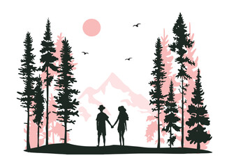 silhouette of a couple in love in the forest vector. pink sunset in the mountains, woman and man holding hands vector