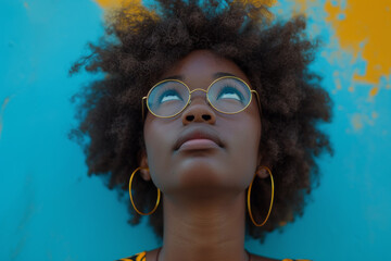 Afrikanische Frau mit Brille blickt nach oben
