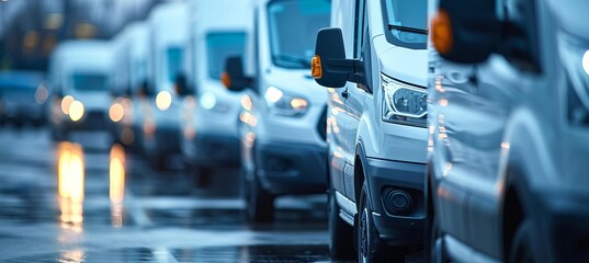 Parked white delivery vans with text space, ideal for transport company showcase