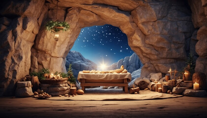 Christian Christmas scene with empty wooden manger, star of Bethlehem in cave. Birth of Jesus Christ, nativity scene. AI generated - obrazy, fototapety, plakaty