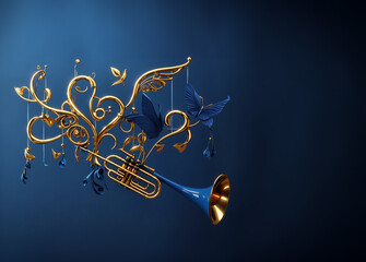 Navi blue and gold trumpet with flying love symbols.