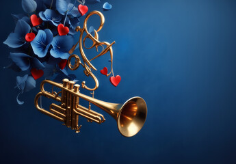 Gold trumpet with flying love symbols. - obrazy, fototapety, plakaty