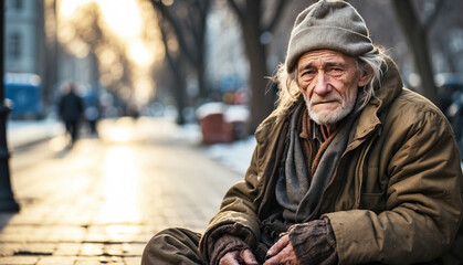Obraz premium Homeless beggar sitting on ground in city. AI generated