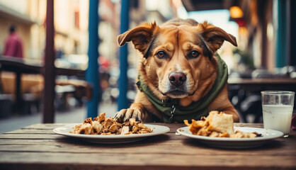 Homeless lost hungry dog eats leftover. AI generated