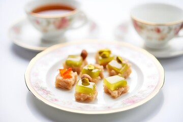 turkish delight pieces on a white plate, pistachio topping, with a tea glass