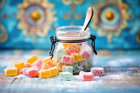 turkish delight in a vintage scoop over a jar, colorful candy background