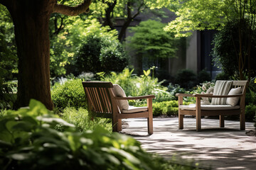 Fototapeta na wymiar Serene osteopathy clinic garden where patients can relax post-treatment - surrounded by lush greenery and benches in a healing environment.