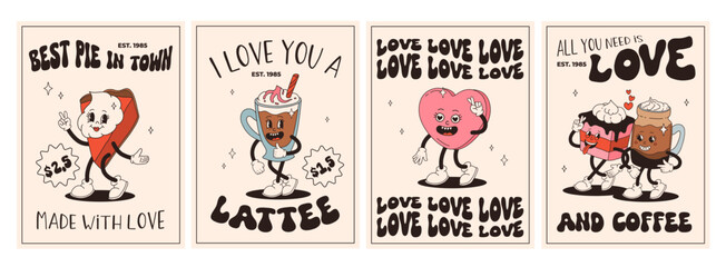 Valentine's Day set of vintage characters. Happy and cheerful retro. Old animation 50s, 60s 70s, groovy cartoon characters of coffee and sweets, donut, cupcake, espresso, latte, cocoa, cake. present.