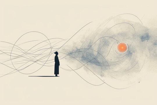 Silhouette of a woman in a long dress on abstract background, copy space. A minimalist image featuring a quantum physicist surrounded by abstract tachyon trail
