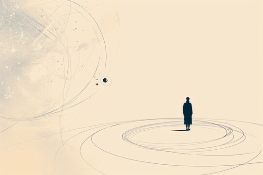Silhouette of a woman in a long dress on abstract background, copy space. A minimalist image featuring a quantum physicist surrounded by abstract tachyon trail
