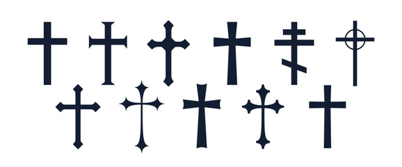 Collection christian religious cross. Set symbol religion cross on white background. Black icon prayer cross sign, religious symbol, stars christian faith. Vector Illustration
