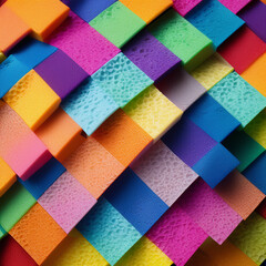 multi-level colorful material composed of squares, foam geometric background, stacked foam carpets, colorful 3d foam mosaic