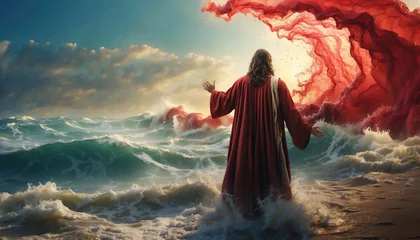 Tuinposter Moses with stretched hands near waters of Red Sea, Crossing the Red Sea - Bible Story. AI generated © Mystery