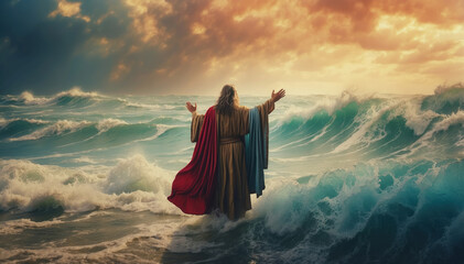 Moses with stretched hands near waters of Red Sea, Crossing the Red Sea - Bible Story. AI generated - obrazy, fototapety, plakaty