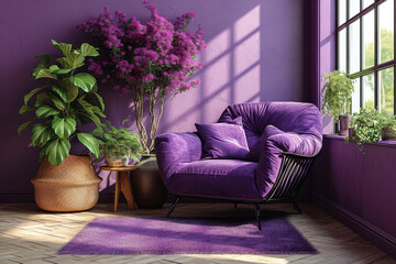Purple Comfort Corner with Lush Greenery.
A plush purple armchair and vibrant flowers in a sunlit room, inviting relaxation.