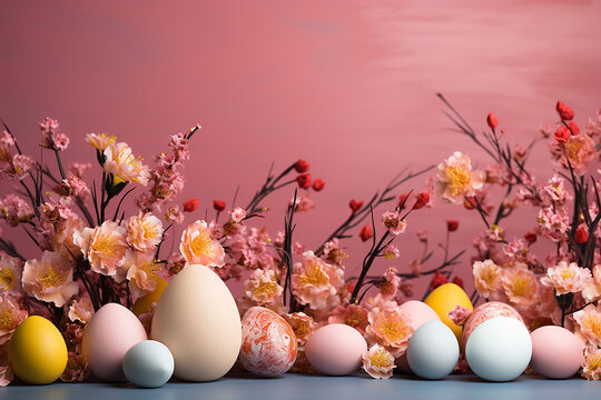 pink spring background with tree branches with flowers, Easter eggs and berries on a horizontal surface