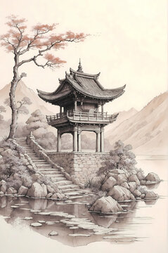 Asian gazebo by the river, ink wash painting