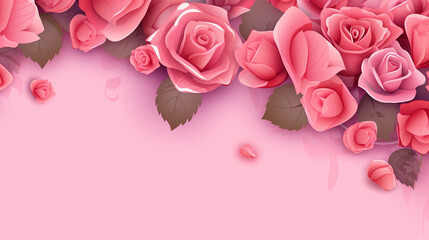 Banner with frame made of rose flowers and green leaves on a pink background. Springtime composition with copyspace.