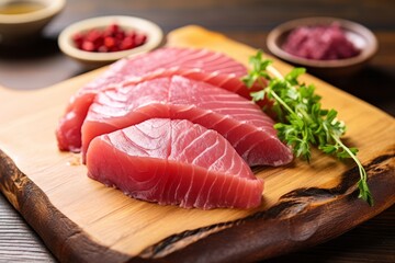 Close-up of Fresh raw Tuna fillet steak and sashimi on wooden board background, delicious food for dinner, healthy food, ingredients for cooking
