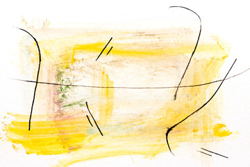 Yellow and black abstract background, art collage. Blots, paint strokes, lines and stains on white paper