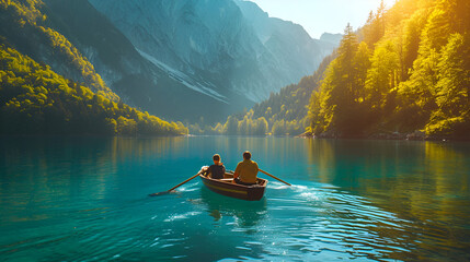 Adventurous traveling couple rowing a boat on a perfect scenic lake in a beautiful national park. generative ai - obrazy, fototapety, plakaty