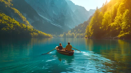 Tuinposter Adventurous traveling couple rowing a boat on a perfect scenic lake in a beautiful national park. generative ai © Saleem