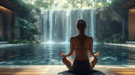 young woman sitting yoga waterfall background