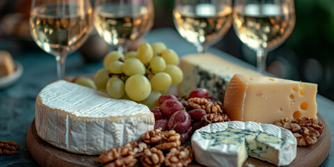 Fototapeta na wymiar Wein, Käse und Nüsse auf dem Teller