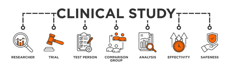Clinical study banner web icon vector illustration concept for clinical trial research with an icon of researcher, trial, test person, comparison group, analysis, effectivity, and safeness