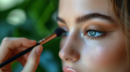 Obraz premium Young woman applying makeup with a makeup brush
